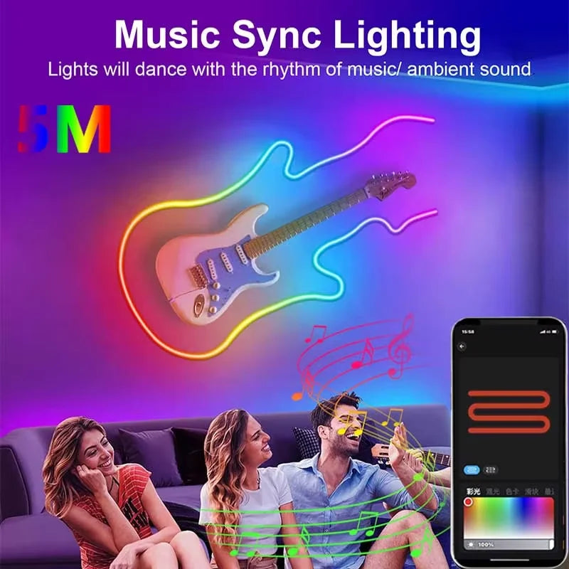 5V USB RGBIC Neon LED Strip,1/2/3/4/5M IP65 RGBIC Neon Lamp Tape with Bluetooth App and Remote for DIY Neon Deocoration Lighting