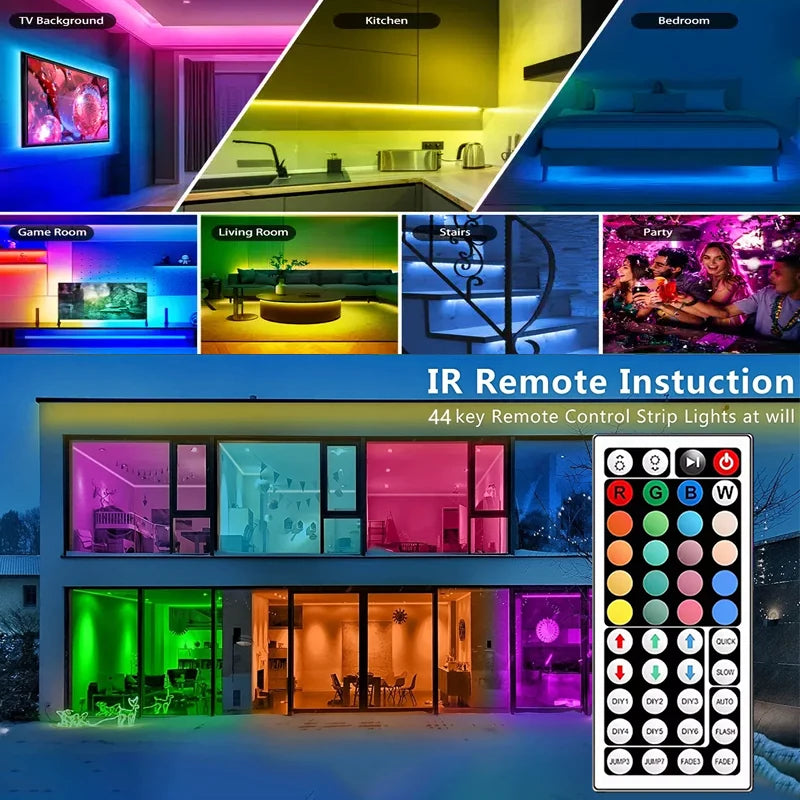 5050 RGB LED Strip Light with 44 Keys Remote Control, 5M 10M 20Mrgb Light Strip Self-Adhesive for Party Home Décor TV Backlight
